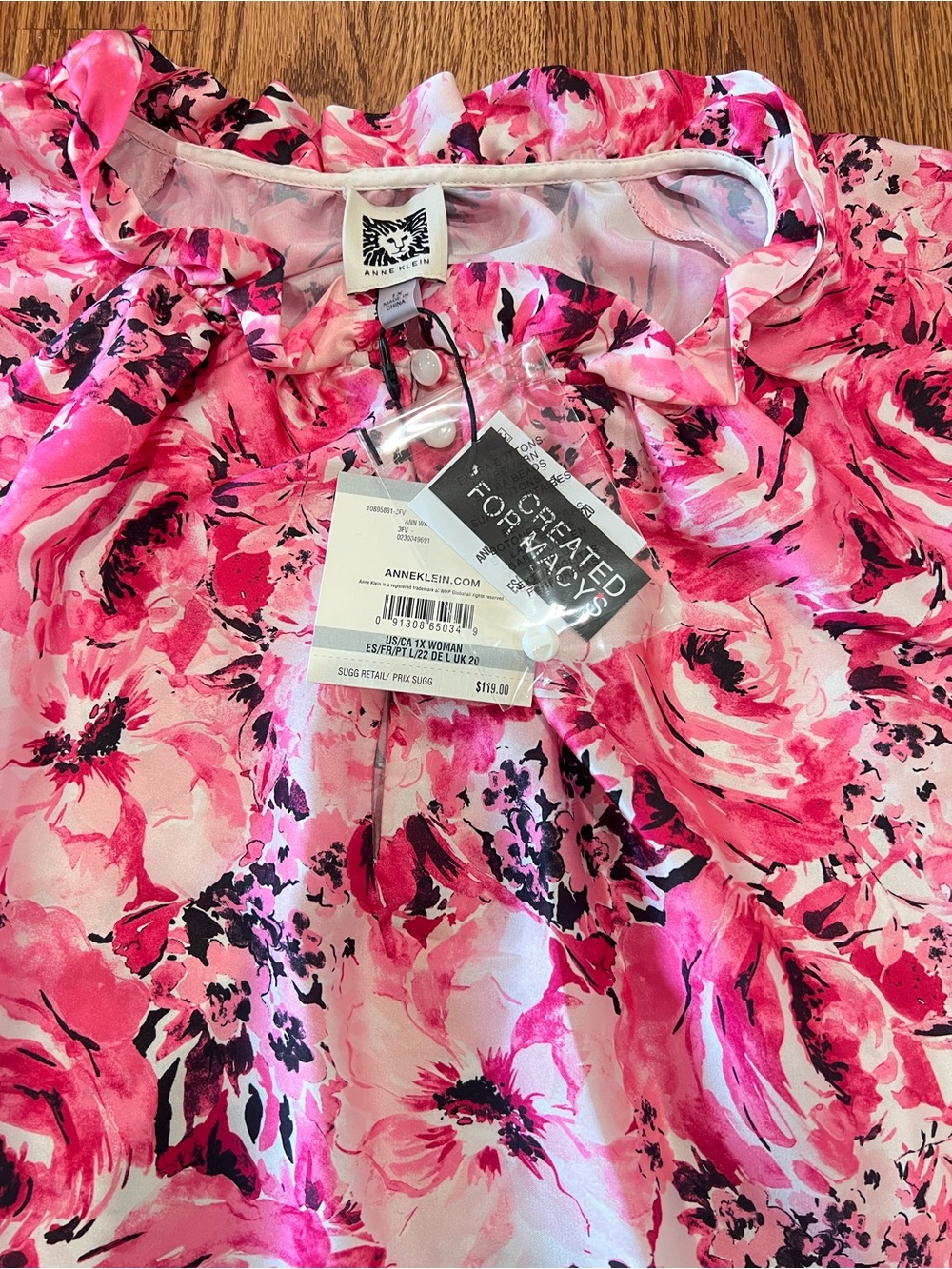 Anne Klein Floral Blouse 1X Pink White Sheer Peasant Top NWT - Picture 4 of 11